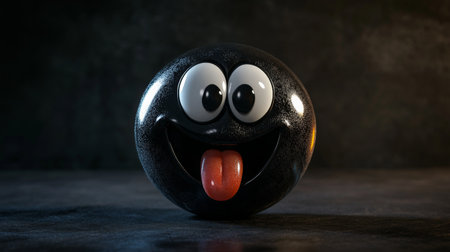 Playful black smiley face emoji with tongue out on dark backgroundの素材
