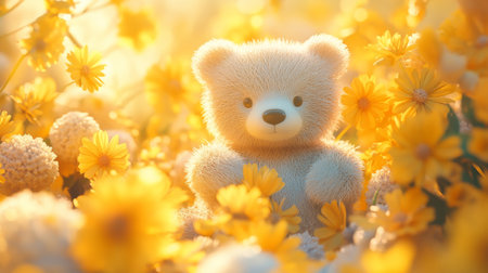 Fluffy bear in a sunny field of yellow flowers during golden hourの素材