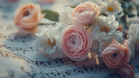Delicate pastel flowers with sheet music backdrop in a soft-focus shotの素材