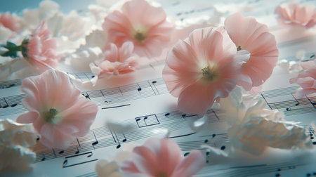 Soft pink flowers scattered over sheet music, dreamy artistic sceneの素材