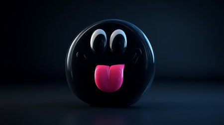Glossy black emoji with tongue out and playful expression in a dim settingの素材
