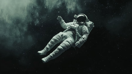 Astronaut floating in black void with cosmic mistの素材