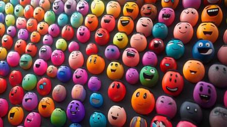 Colorful wall of diverse emoji faces expressing emotionsの素材