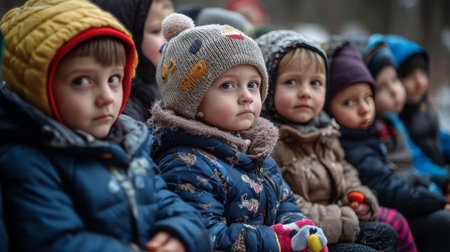 Young children sitting outdoors in winter, dressed in cozy hats and jacketsの素材