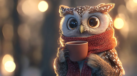 AI-generated owl in scarf holding a cup, glowing forest backgroundの素材