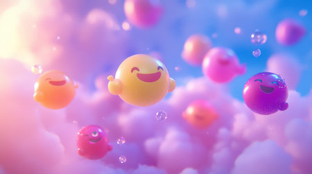 Colorful smiling emojis floating among clouds and bubblesの素材