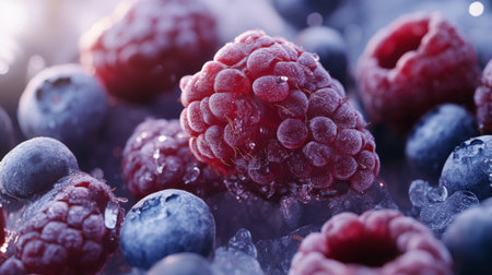Frosted raspberries and blueberries in macro photographyの素材