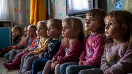 Group of children sitting indoors with focused expressionsの素材
