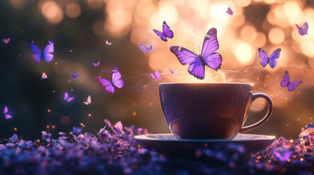Sunset coffee with butterflies dancing in twilightの素材