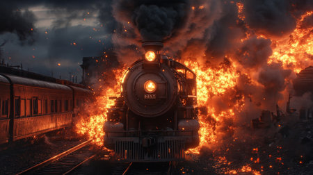 Explosive train scene with fire engulfing vintage steam locomotiveの素材