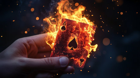 Ace of Spades card engulfed in bright flames, hand holdingの素材