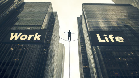 Tightrope walker balancing between work and life in urban settingの素材