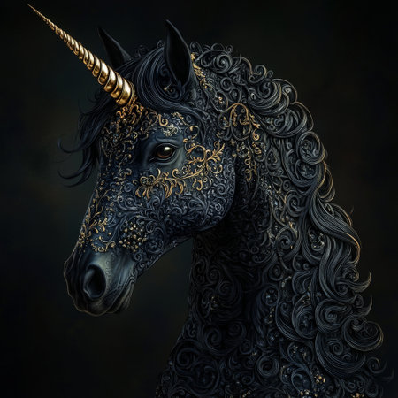 Ornate black unicorn with golden accents on dark backgroundの素材
