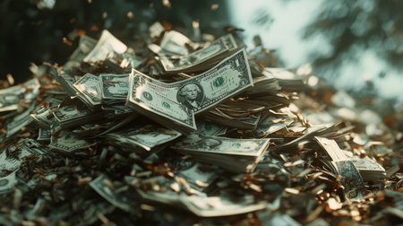 Aerial view of pile of US dollar bills with dynamic motion blurの素材