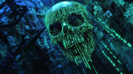 Digital skull composed of binary code in a virtual environmentの素材