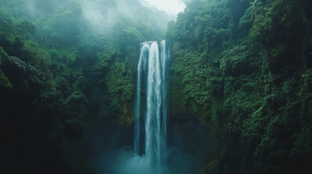 Majestic waterfall in misty jungle with dense green foliageの素材