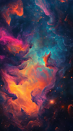 Vivid cosmic nebula with swirling bright colors in deep spaceの素材