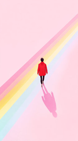 Person walking along a rainbow path on pink backgroundの素材