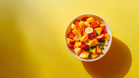 Fresh fruit salad in white bowl on yellow backgroundの素材