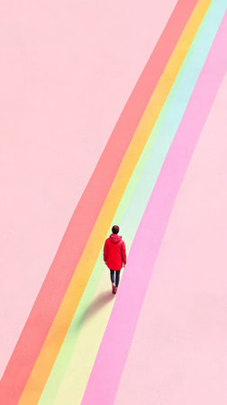 Person following rainbow trail across soft pink backgroundの素材