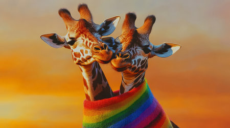 Giraffes wrapped in rainbow blanket during sunsetの素材