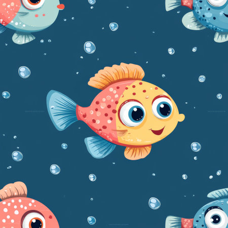 Cute cartoon fish swimming in a playful underwater patternの素材