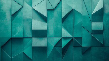Geometric teal wall with angular blocks and abstract patternsの素材