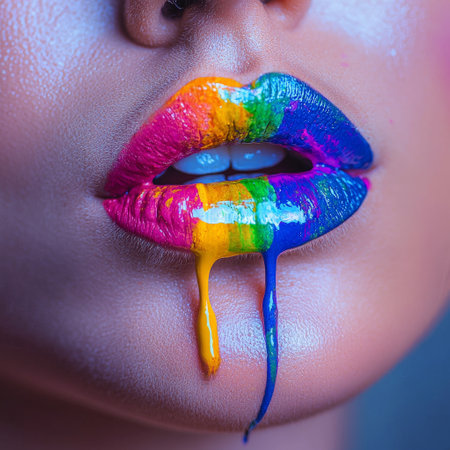 Glossy rainbow lips with dripping paint in high-resolution close-upの素材