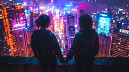 Two friends overlooking a vibrant cityscape at night from rooftopの素材