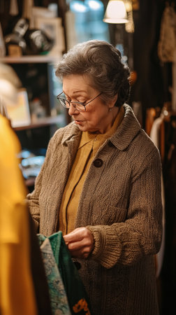 Senior woman browsing clothes in a vintage storeの素材