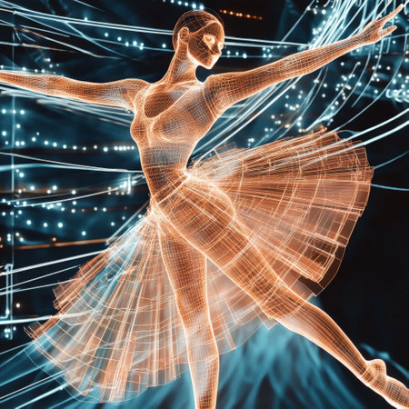 Dynamic ballet performance in wireframe, neon visualの素材