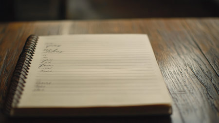 Open notebook on a wooden table with handwritten notesの素材