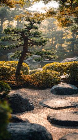 Picturesque Japanese garden with bonsai tree and natural stonesの素材