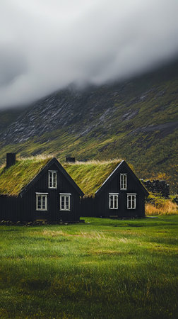 Two grass-roofed cottages in green valley beneath misty mountainsの素材