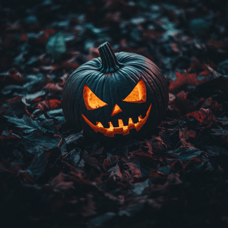 Glowing jack-o-lantern in autumn leaves during Halloween nightの素材