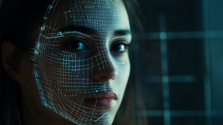 Digital face mesh close-up with technology interface designの素材