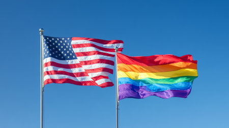 U.S. and rainbow flags fluttering in the windの素材