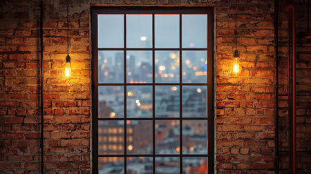 Cozy industrial loft window with warm lighting at nightの素材