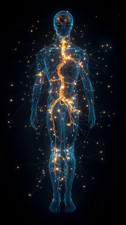 Full-body illustration of glowing nervous system, AI-generatedの素材