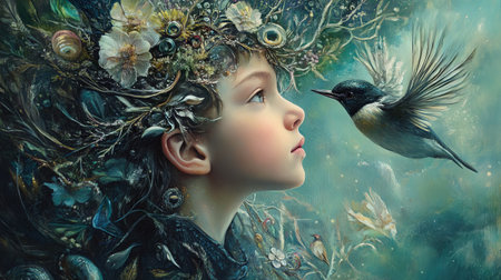 Dreamlike portrait of a girl interacting with nature and a birdの素材