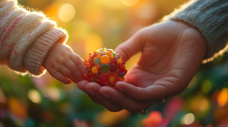 Handing a colorful candy ball from adult to child in a sunlit gardenの素材