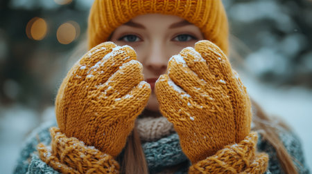 Woman in mustard yellow mittens with snowy background in winterの素材