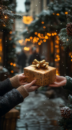 Hands exchanging a wrapped gift in festive winter street sceneの素材