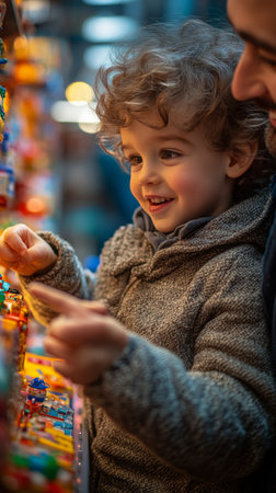 Child with curly hair exploring colorful toy displayの素材