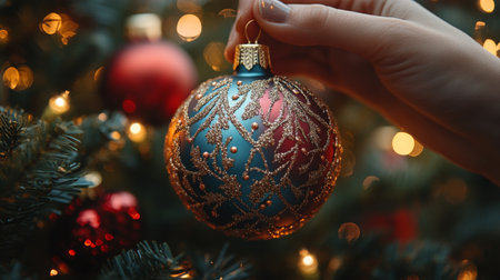 Hand holding a decorated teal ornament on a Christmas tree with lightsの素材