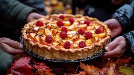 Homemade fruit tart with fresh raspberries and peaches in an autumn settingの素材