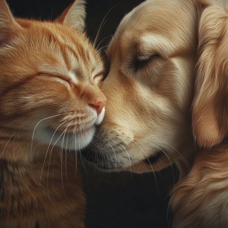 Heartfelt close-up of a cat and dog sharing a quiet bondの素材