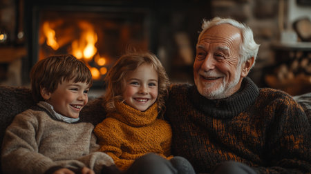 Grandfather and grandchildren sharing laughter by the fireplaceの素材