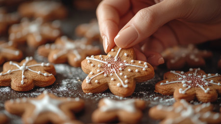 Hand holding a decorated gingerbread cookie with snowflake patternの素材