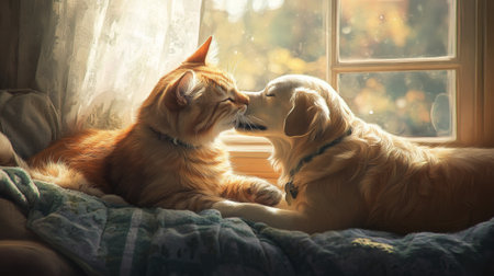 Cat and dog cuddling by a sunlit window in a cozy autumn settingの素材
